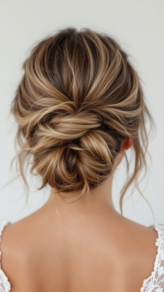 A messy bun hairstyle with tendrils for shoulder-length hair, showcasing a relaxed and elegant look.