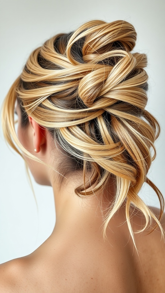 A woman with a stylish messy bun adorned with wavy hair accents.