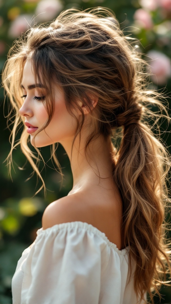 A woman with a messy chic side ponytail, showcasing soft waves and loose strands.