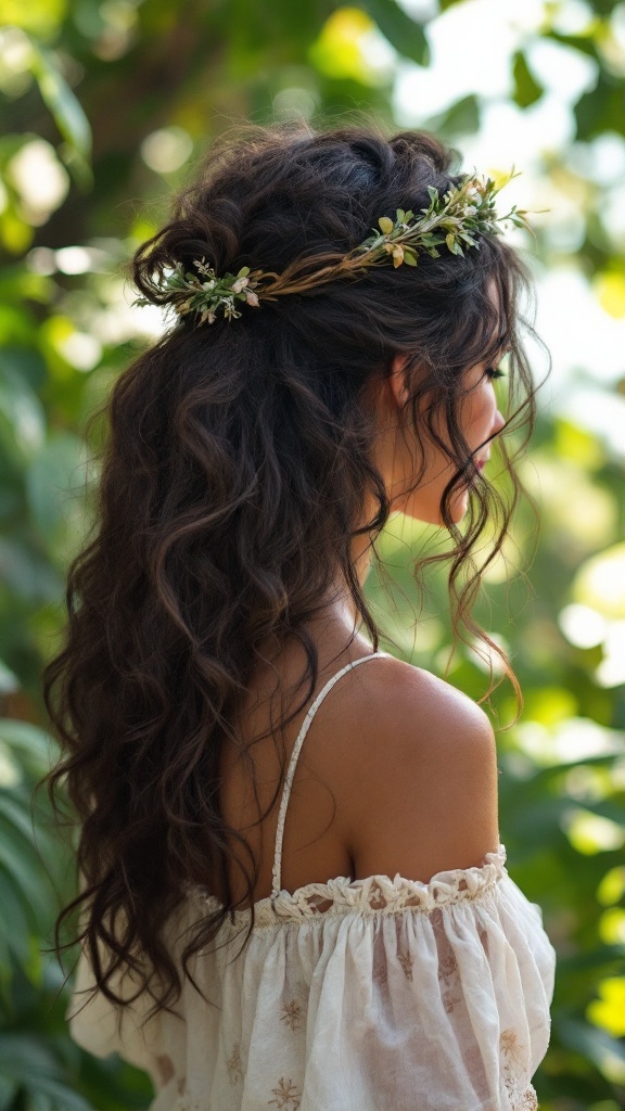 A woman with curly hair styled in messy curls, adorned with a bohemian headband, standing outdoors.
