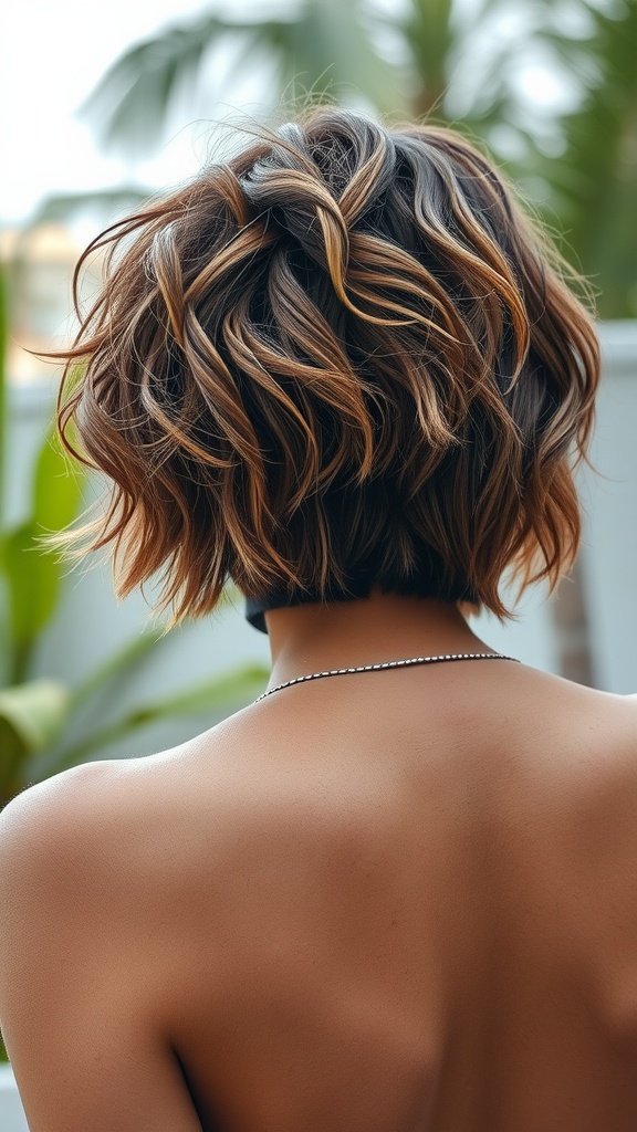 A back view of a woman with a messy curly bob hairstyle, showcasing defined curls and highlights.