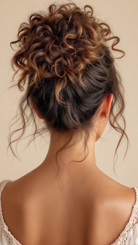 A woman with long curly hair styled in a messy top knot, showcasing her natural curls and relaxed look.