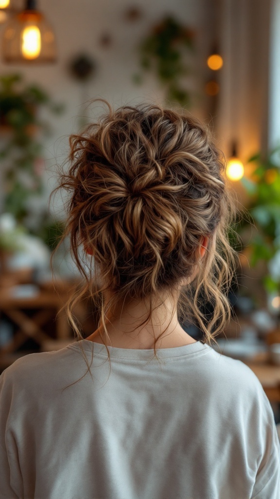 A woman with a messy curly updo hairstyle, showcasing medium-length hair, set in a cozy indoor environment.