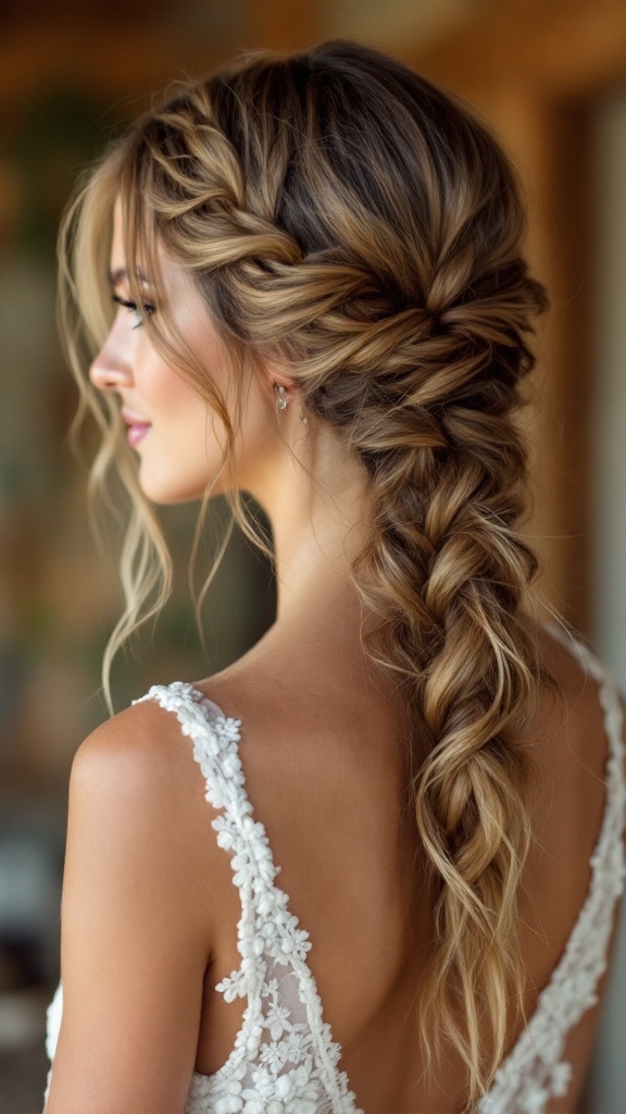 A woman with a messy Dutch braid hairstyle, showcasing a relaxed yet stylish look ideal for bridesmaids.