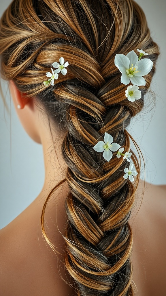 A close-up of a messy fishtail braid adorned with small white flowers.
