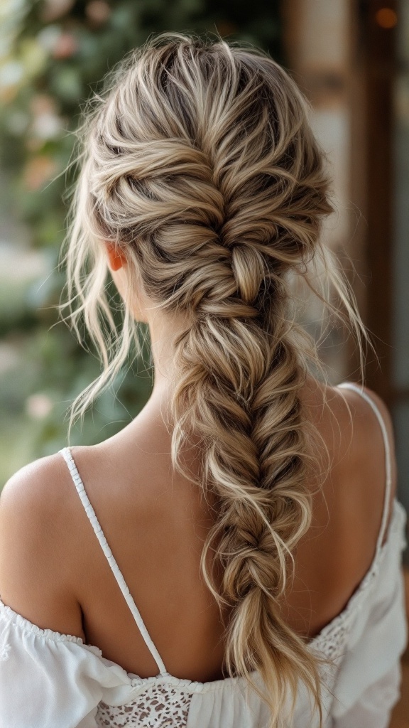 A woman with a messy fishtail braid hairstyle, showcasing a relaxed and stylish look.