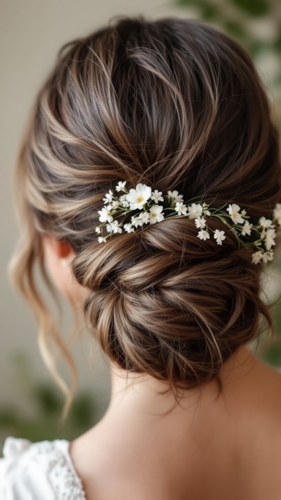 Messy half bun hairstyle adorned with floral accents