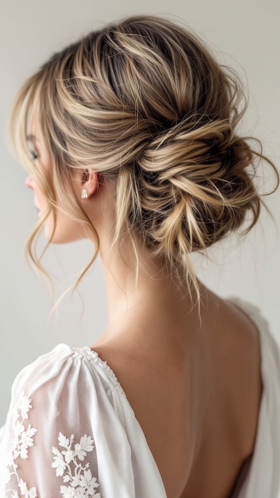 A woman with a messy half up bun hairstyle, featuring loose strands framing her face.