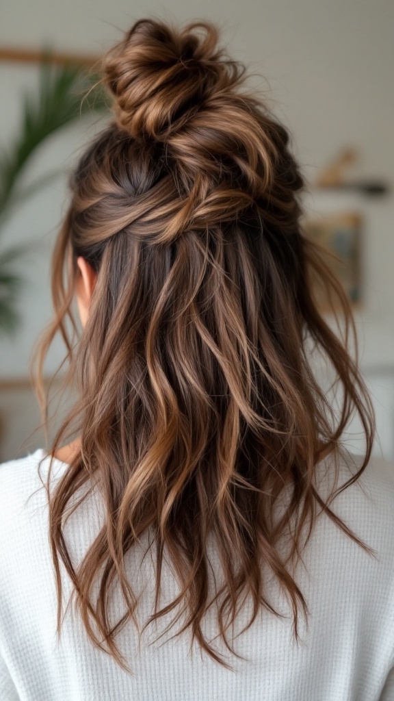 A woman with short hair styled in a messy half up top knot, with wavy strands falling down.