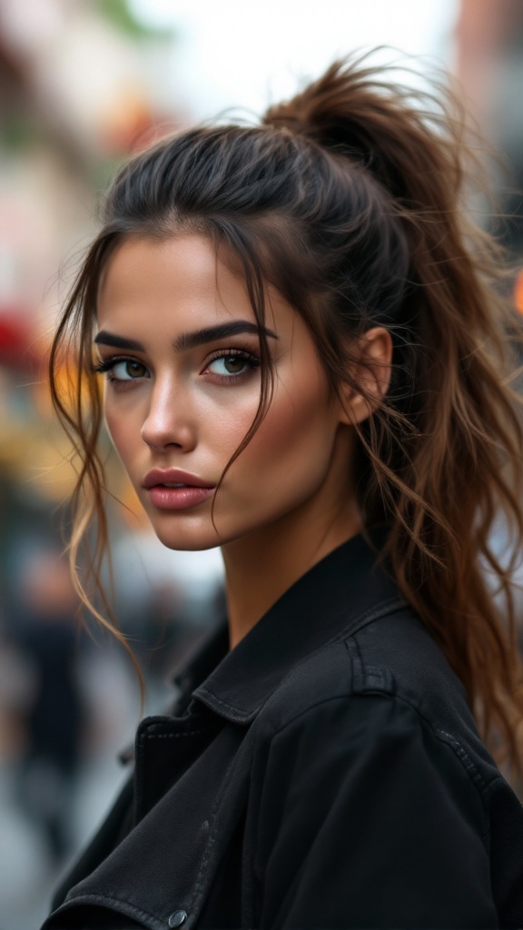A woman with a messy high ponytail, showcasing a relaxed hairstyle with loose strands framing her face.