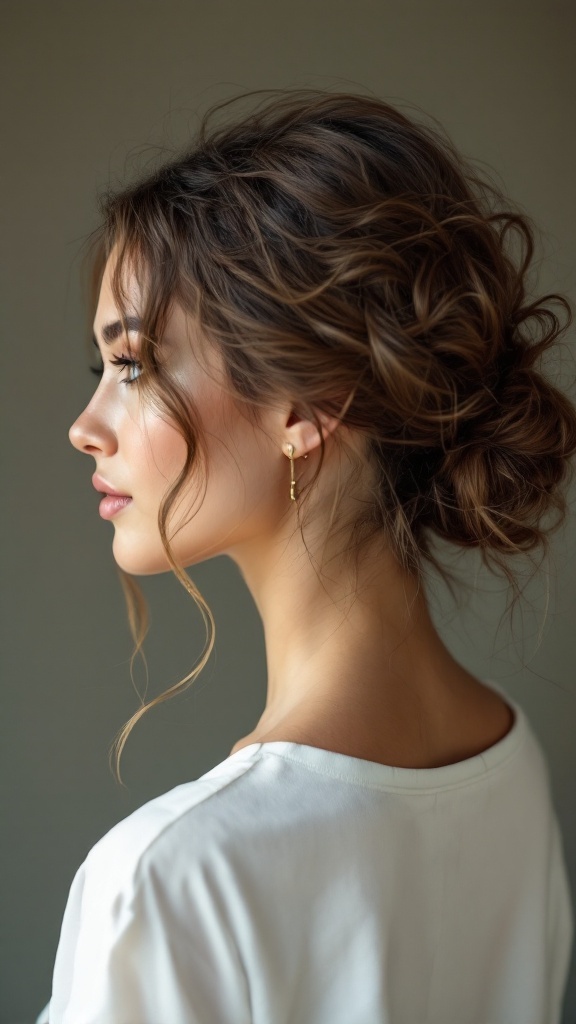 A woman with a messy low bun hairstyle and soft curls framing her face.