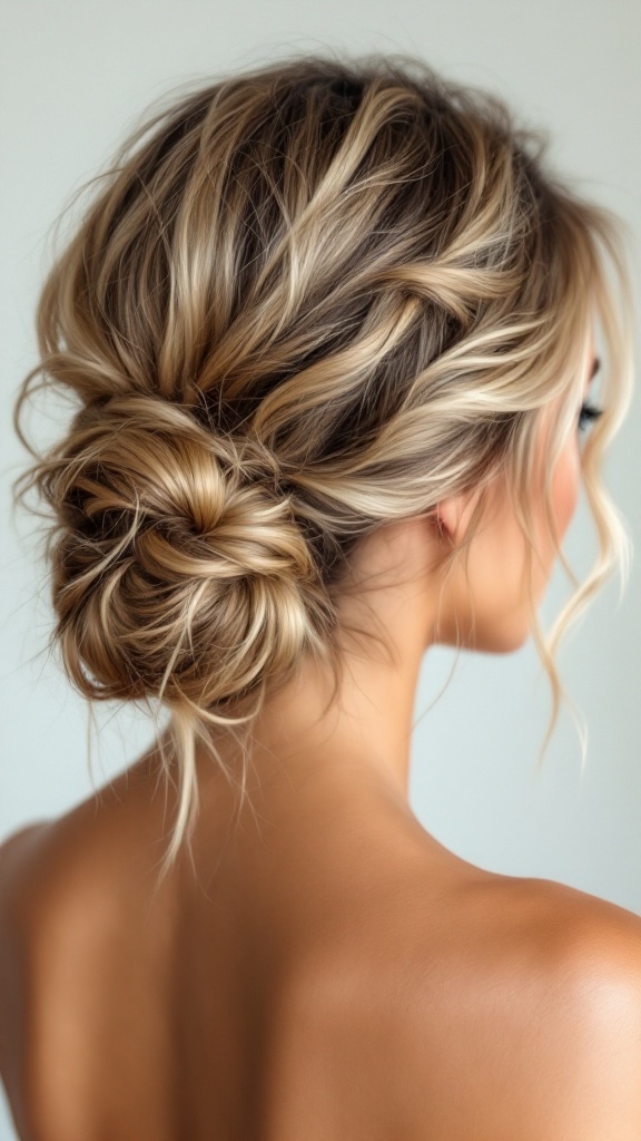 A close-up of a messy low bun hairstyle with textured waves, showcasing a relaxed yet elegant look.