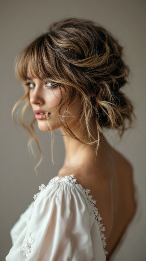 A woman with a messy low chignon hairstyle and face-framing bangs, wearing a white dress.