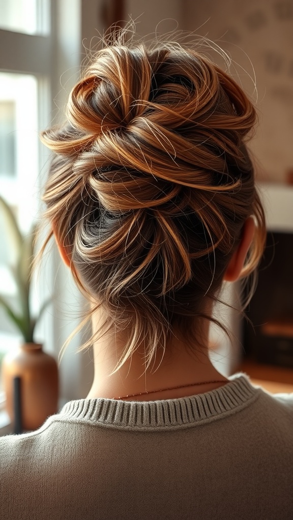 A woman with a messy natural bun hairstyle, showcasing loose strands and a relaxed look.