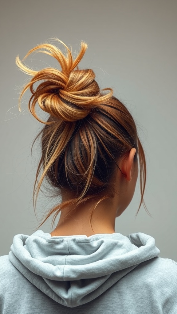 Woman with a messy ponytail wearing a gray hoodie, showcasing a relaxed hairstyle.
