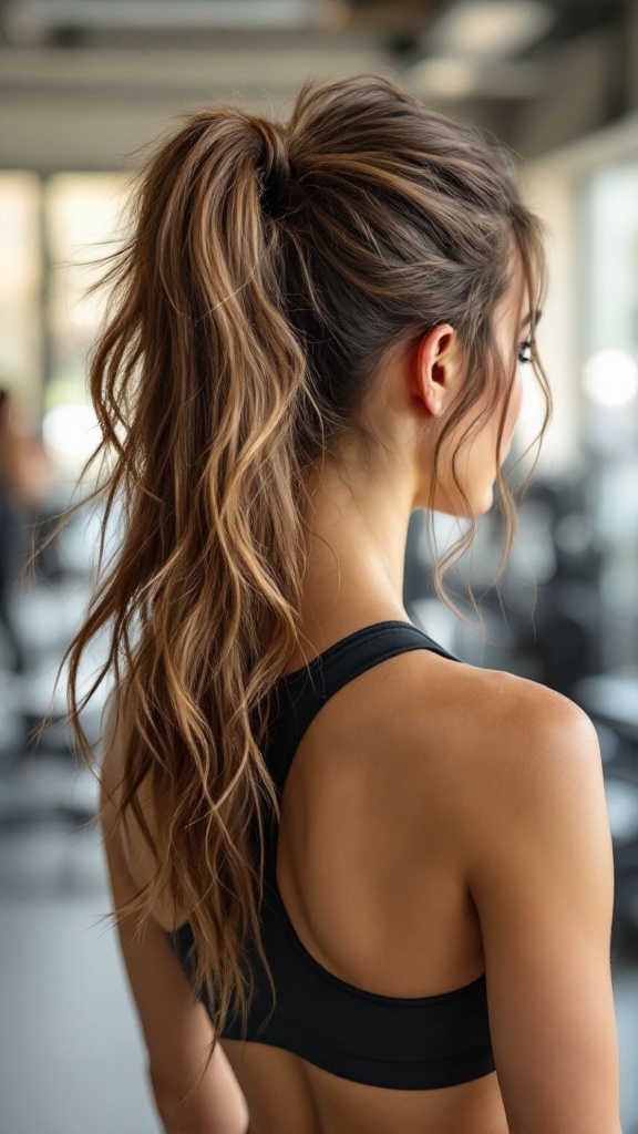 A woman with a messy ponytail in a gym setting, ready for a workout