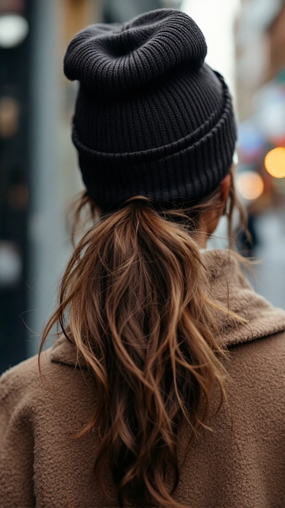 A woman with a messy ponytail wearing a black beanie, viewed from the back.