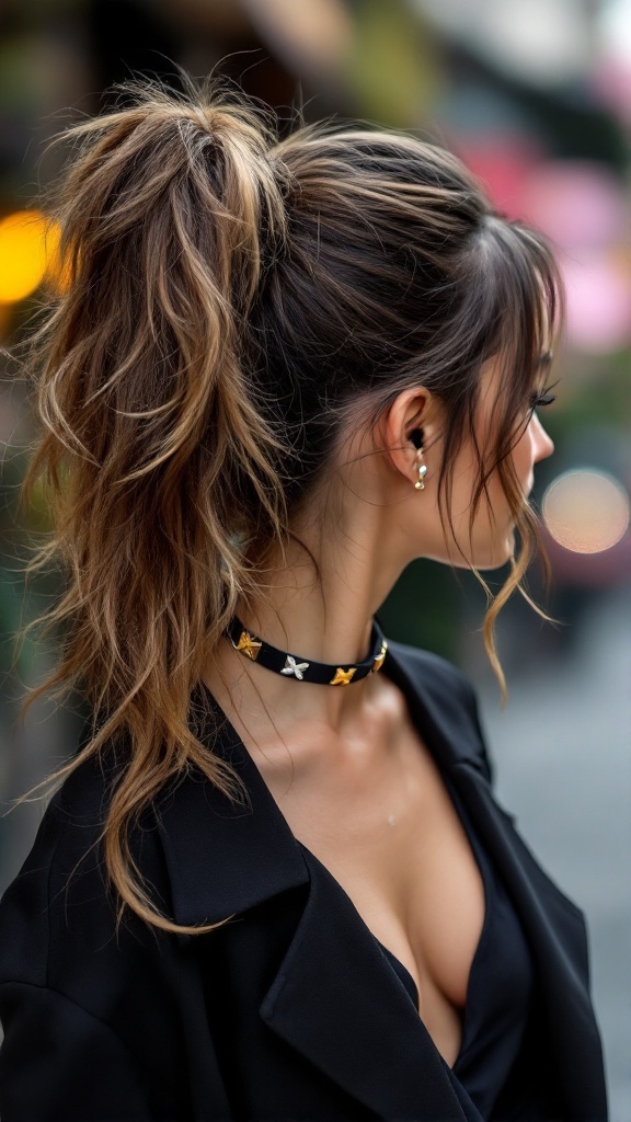 A side view of a woman with a messy ponytail and a choker necklace.