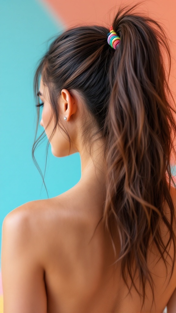 A woman with a messy ponytail secured with a colorful hair tie, showing a relaxed and stylish look.