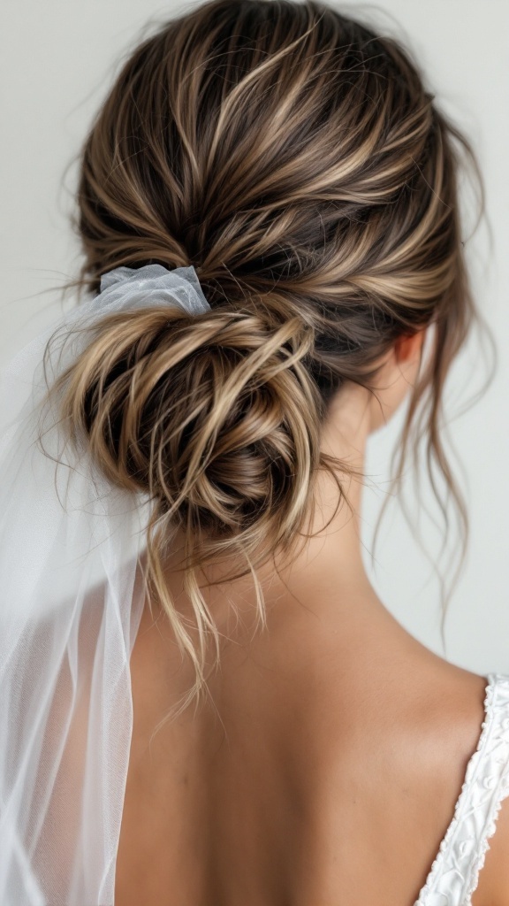 A woman with a messy ponytail hairstyle and a delicate veil, showcasing a beautiful wedding look.