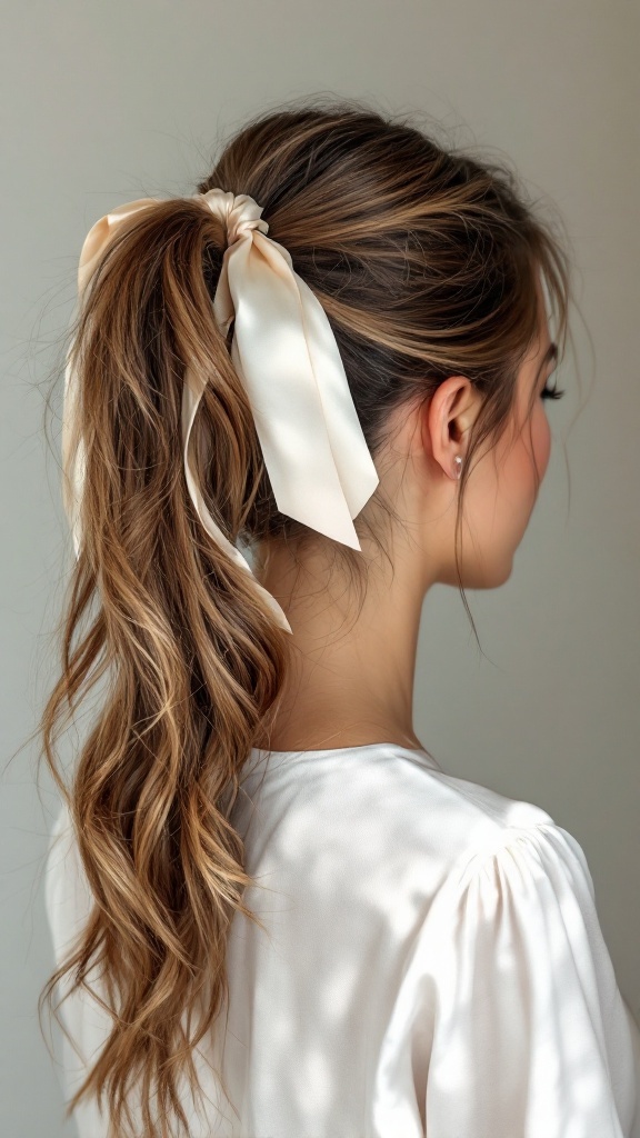 A young woman with a messy ponytail styled with a light-colored ribbon, showcasing soft waves and a relaxed look.