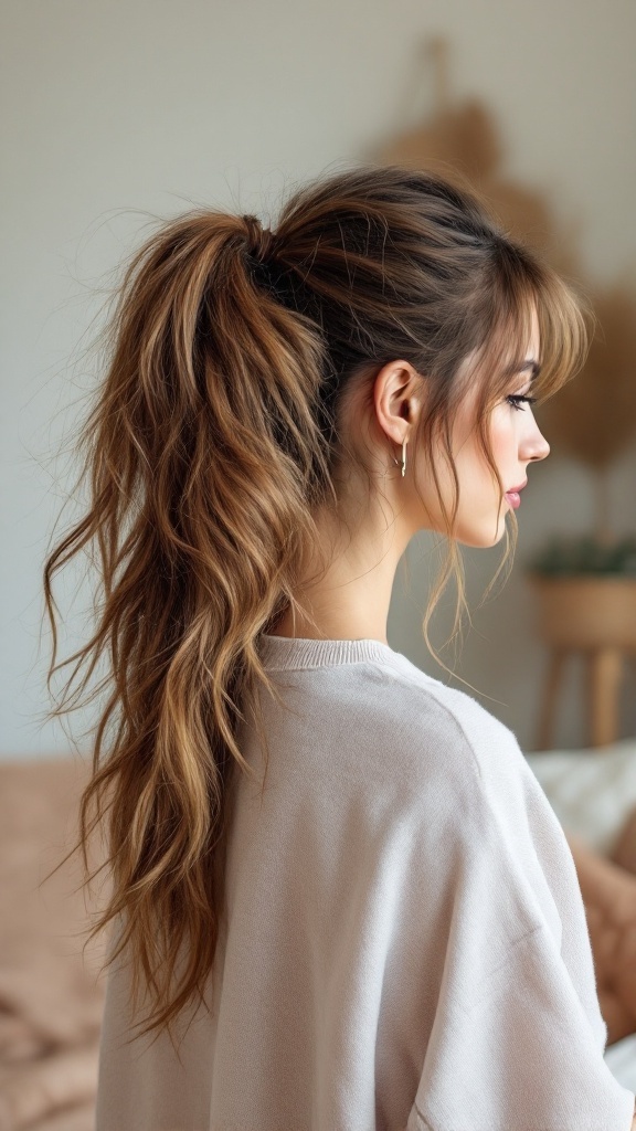 A woman with a long, voluminous messy ponytail hairstyle, showcasing a casual and chic look.