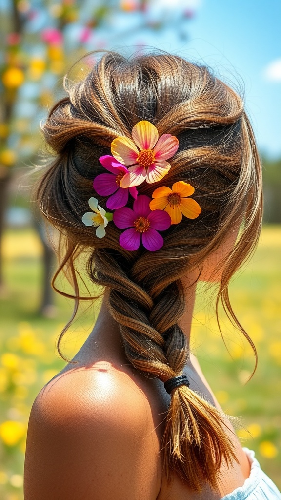 A close-up of a messy side braid adorned with colorful flowers, set against a background of blooming nature.