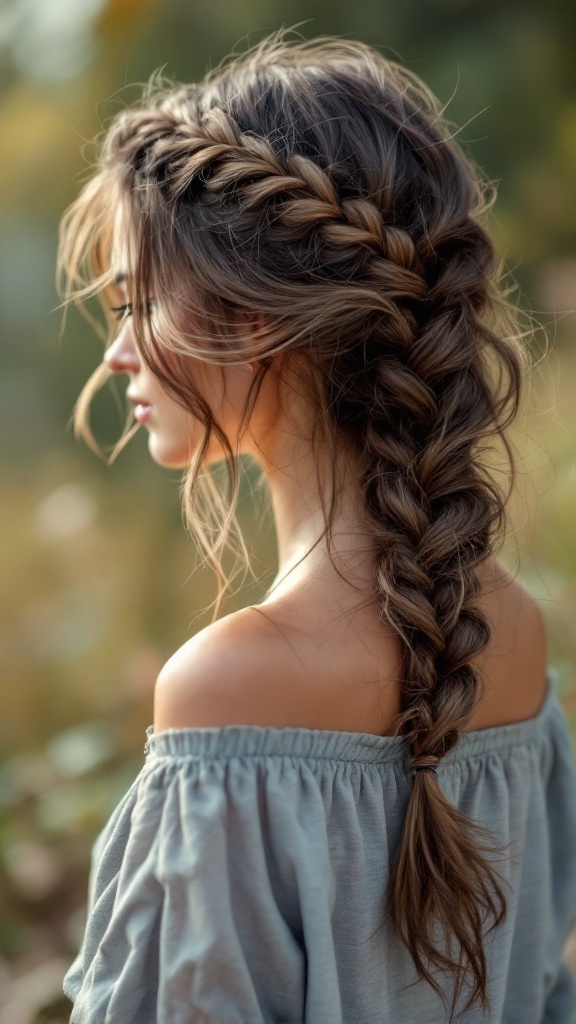 A woman with thick hair styled in a messy side braid, showing loose strands and a relaxed look.