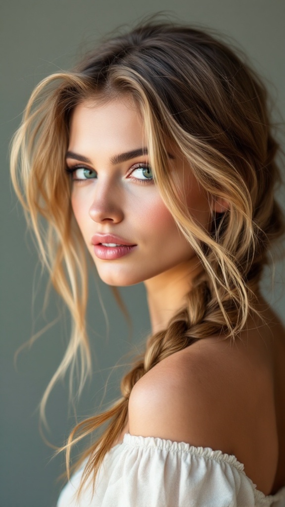 A woman with a messy side braid, showing a relaxed hairstyle.