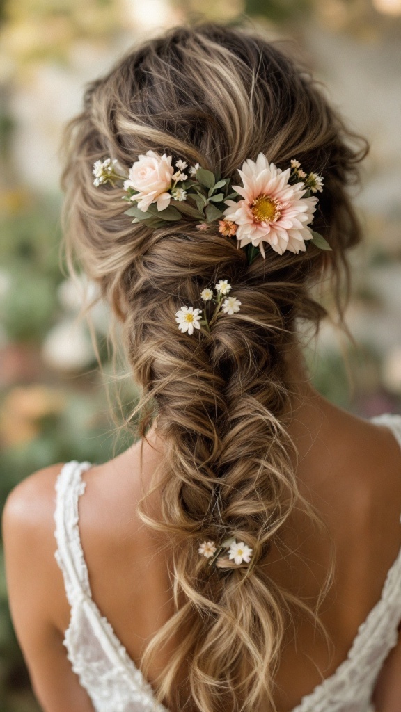 A messy side braid adorned with rustic flowers, showcasing a bohemian wedding hairstyle.