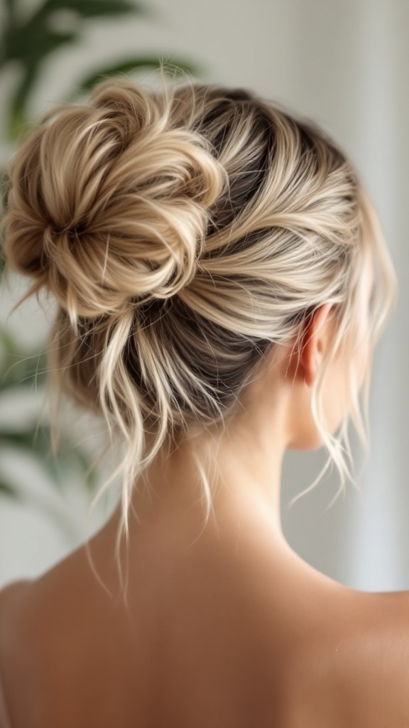 A stylish messy sleek bun hairstyle from the back, showcasing loose strands and a relaxed yet polished look.