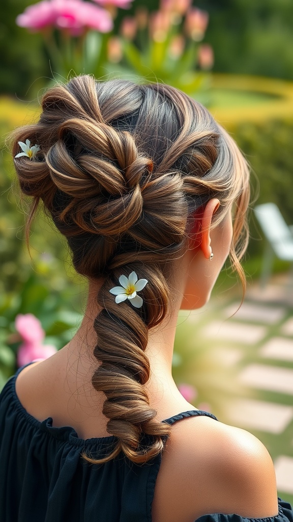 A woman with a messy textured ponytail adorned with small flowers, showcasing a stylish wedding hairstyle.