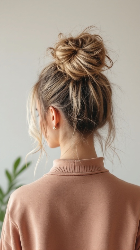 A woman with a messy top bun hairstyle, showcasing medium-length hair.