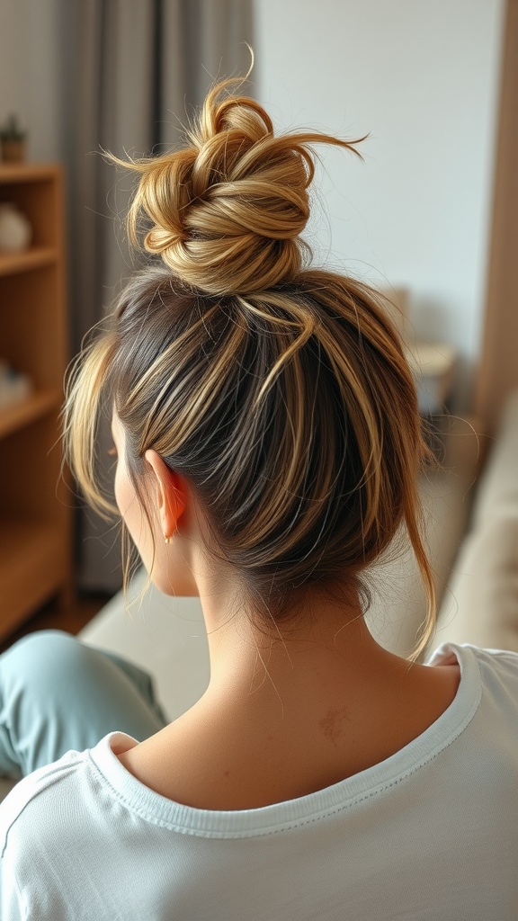 A woman with long hair styled in a messy top knot, showcasing a casual hairstyle.