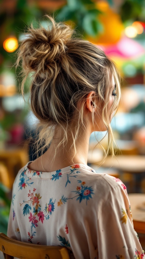 A woman with messy top knot hairstyle, wearing a floral blouse, sitting in a cozy café.
