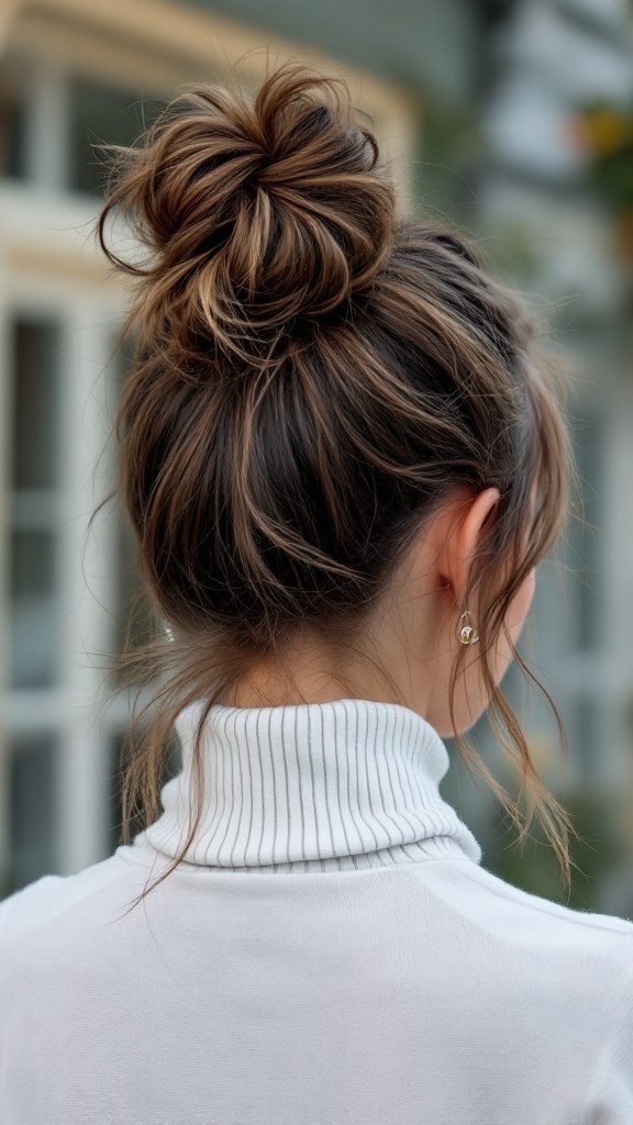 A woman with a messy top knot hairstyle wearing a white turtleneck
