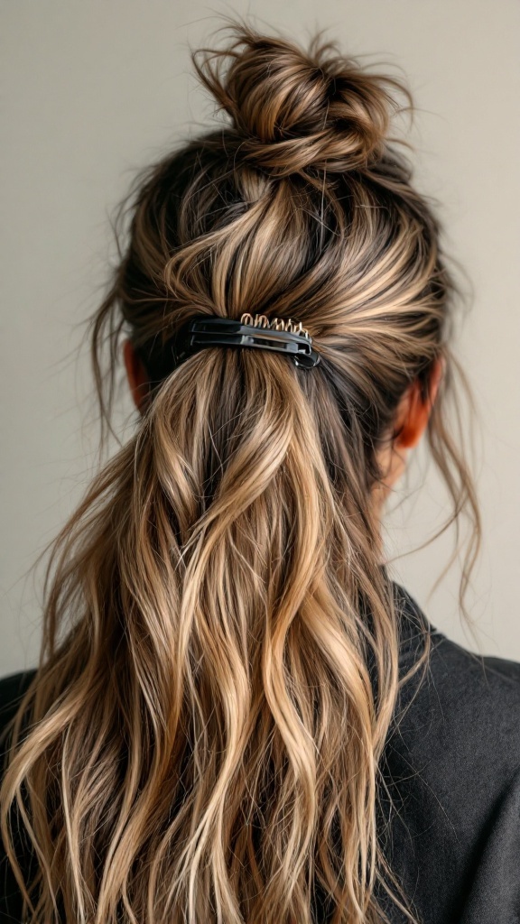 Back view of a woman with long hair styled in a messy top knot secured with a claw clip.
