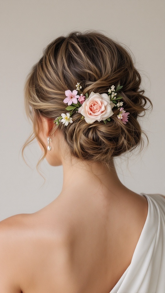 A messy updo hairstyle adorned with floral accents, featuring a pink rose and small blossoms, suitable for a bridesmaid in a one-shoulder dress.