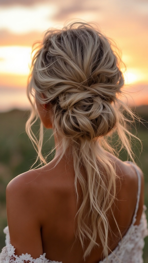 A woman with a messy updo hairstyle, featuring loose strands, set against a sunset backdrop.