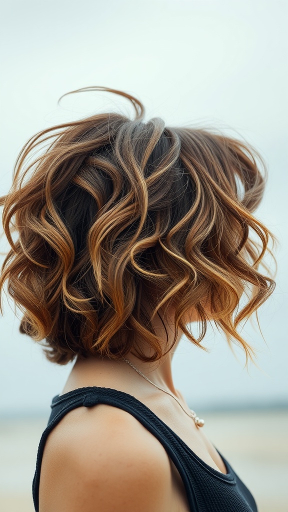 A woman with messy waves and a root fade hairstyle, showcasing soft curls and a natural look.