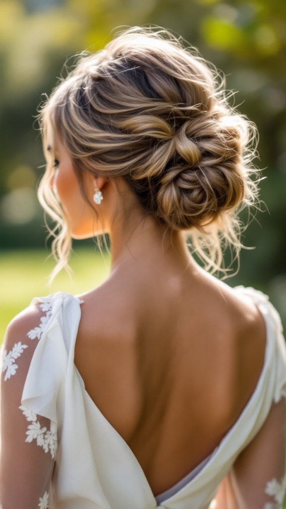 A beautiful messy wavy bun hairstyle for bridesmaids, featuring soft waves and tendrils framing the face.