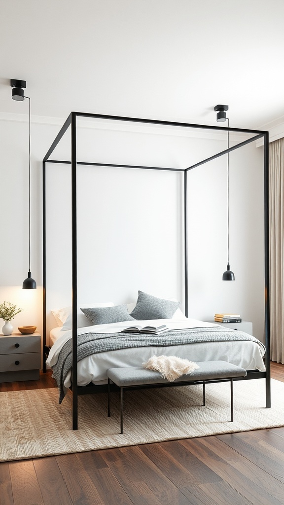 A modern bedroom featuring a sleek black metal frame canopy over the bed, with pendant lights and a cozy decor.