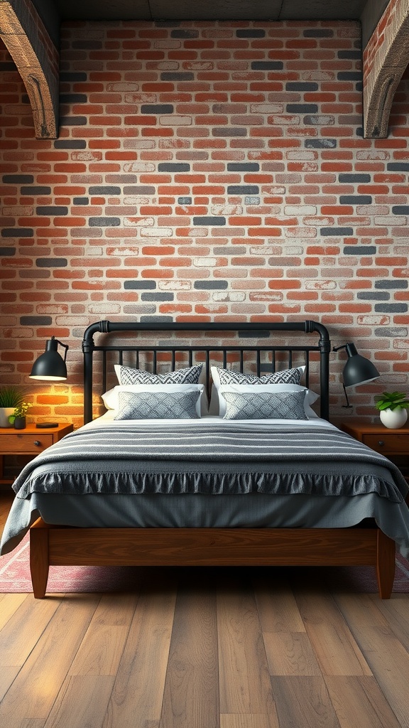 A cozy bedroom featuring a metal pipe headboard against a brick wall, with a neatly made bed and stylish decor.