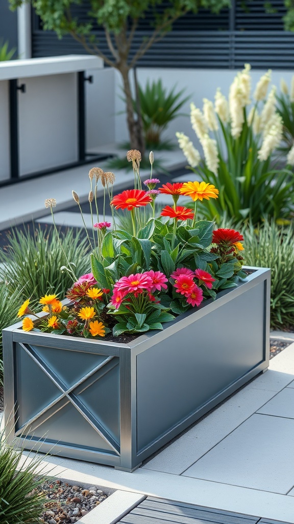 A modern metal raised garden bed filled with vibrant flowers, set in a contemporary outdoor space.