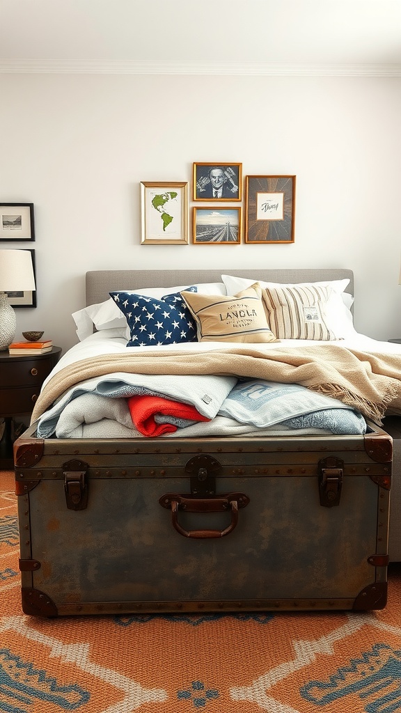 A vintage metal storage trunk filled with blankets, positioned at the foot of a bed in a cozy bedroom.