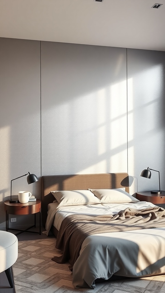 A modern bedroom with a metallic accent wall, featuring a cozy bed and stylish lighting.