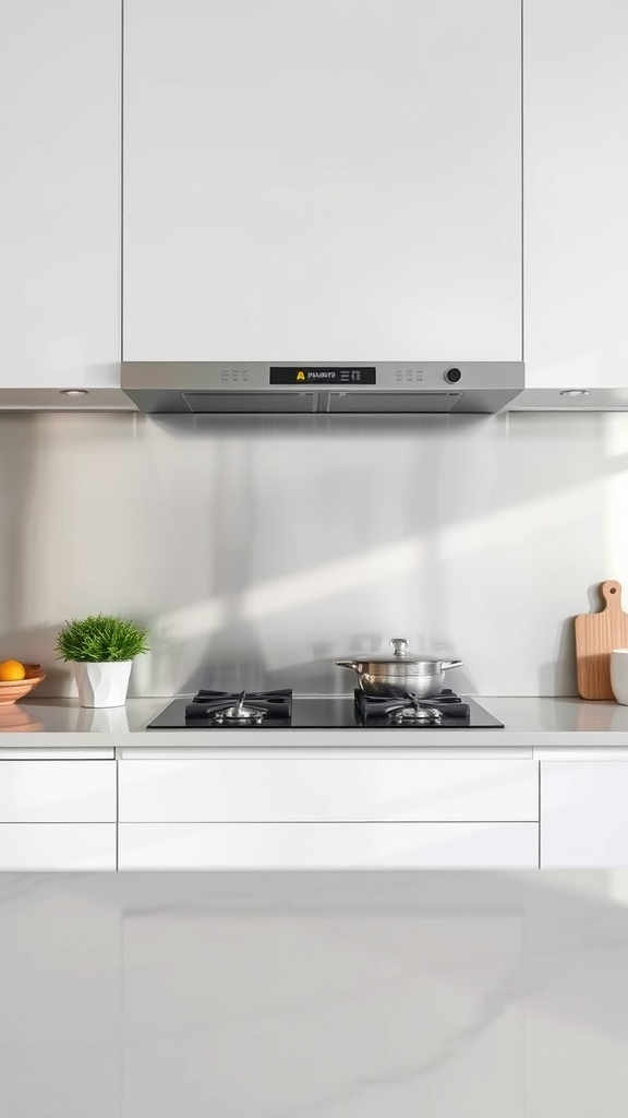 Modern kitchen featuring metallic accents above the stove