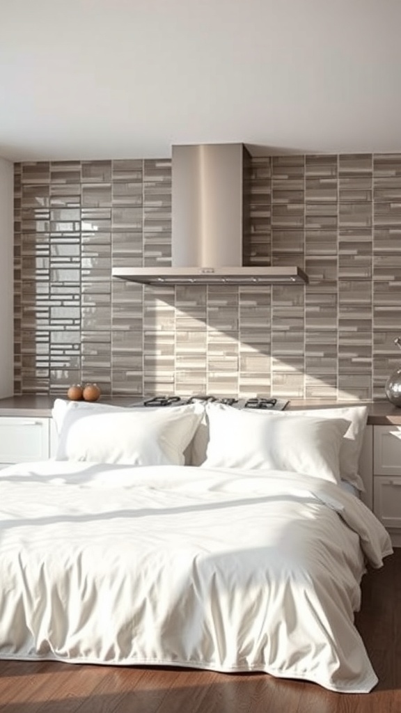 A modern kitchen with a metallic backsplash featuring shiny tiles and a sleek design.