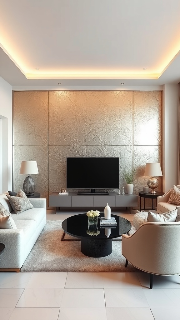 A modern living room with a metallic accent wall, featuring soft beige furniture and a sleek coffee table.