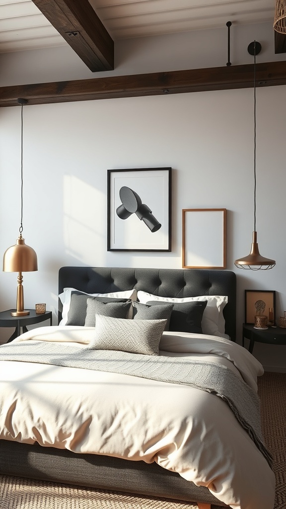 A stylish industrial bedroom featuring a dark headboard, metallic lamps, and a cozy bedding arrangement.